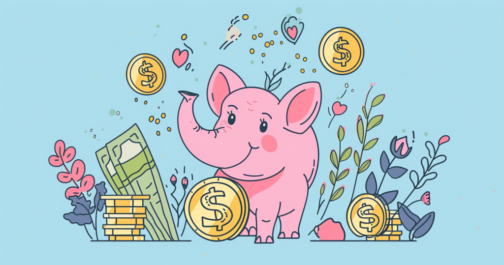 electronic postage scale - drawing of a pink piggy bank with coins and dollars around it representing saving money