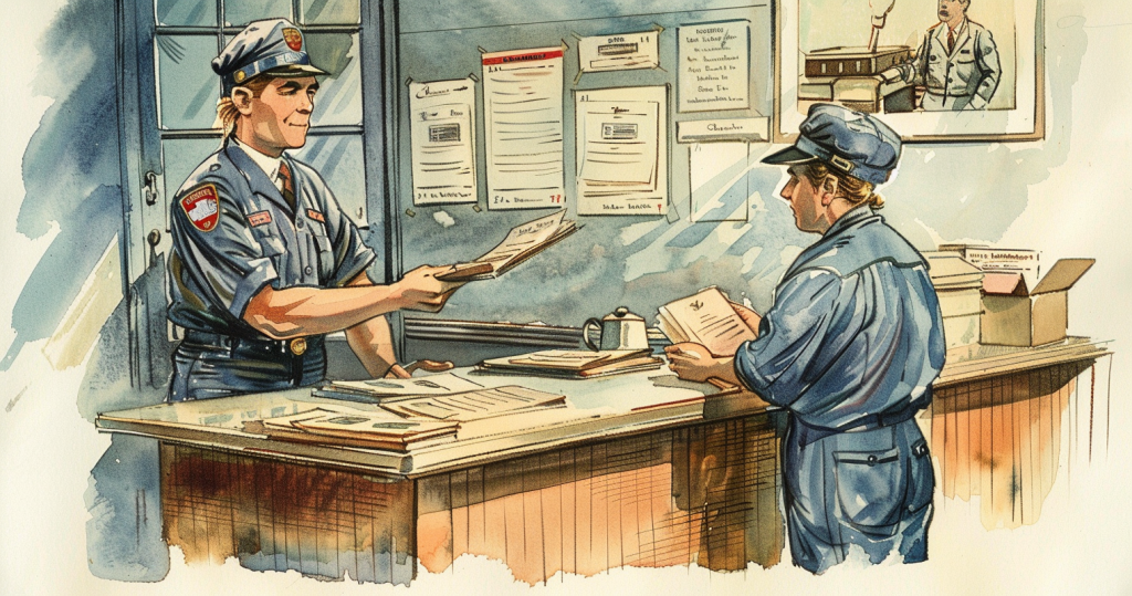 electronic postage scale - drawing showing two postal workers in a post office