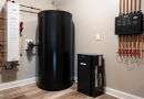 tank vs tankless hot water heaters - photo of a black hot water tank and a tankless hot water heater mounted on the well