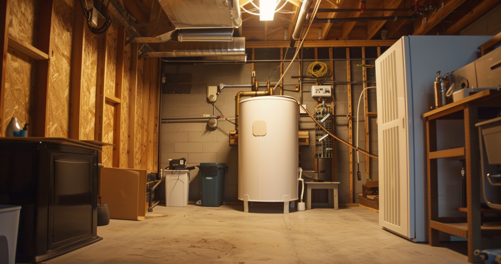 tank vs tankless hot water heaters - photo of a round hot water tank on the floor of a basement utility room