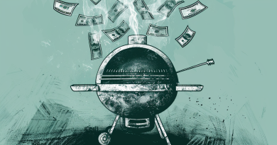 BBQ grill tools - drawing of a round bbq grill with dollars floating in the above it