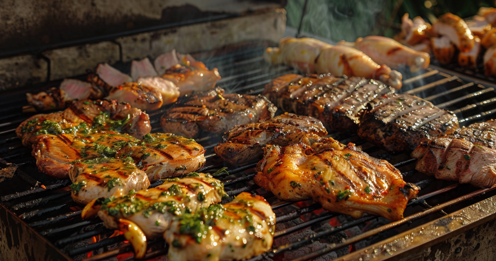 meat thermometer tips - photo of steak, chicken and fish cooking on a bbq grill