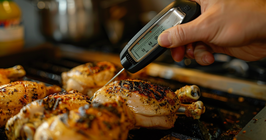 meat thermometer tips - photo of a person holding a meat thermometer in a piece of chicken that is on a bbq grill