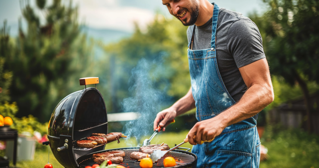 best grilling tongs - photo of a man grilling various items on a black, round bbq