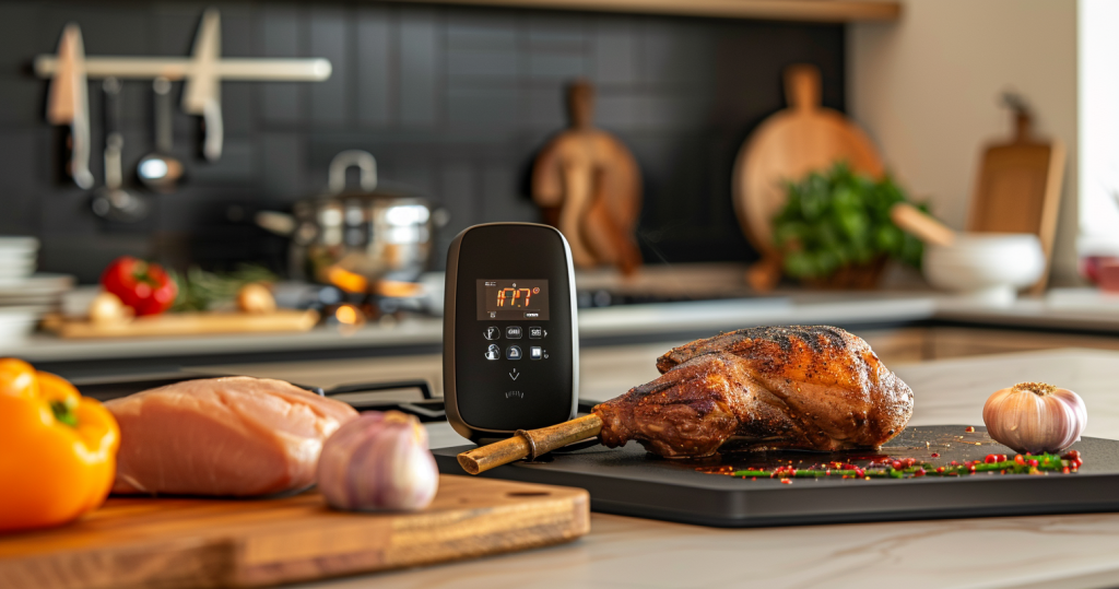 bluetooth meat thermometers - photo of a meat thermometer next to a cooked steak