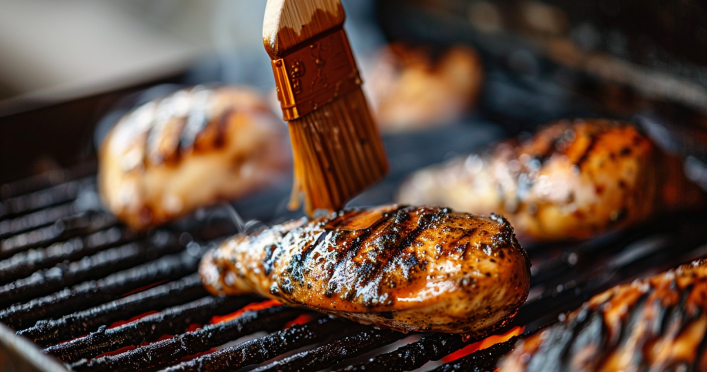 BBQ basting brush - photo of a perfectly grilled chicken breast being basted on a BBQ grill