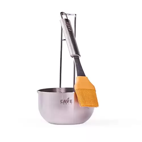 Cave Tools Basting Brush and Sauce Pot, Stainless Steel Handle and Silicone Bristles with Pour Spout