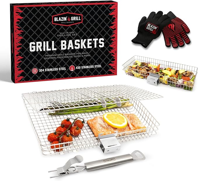 2 Blazin' Grill Grill Baskets for Outdoor Grill w/BBQ Gloves