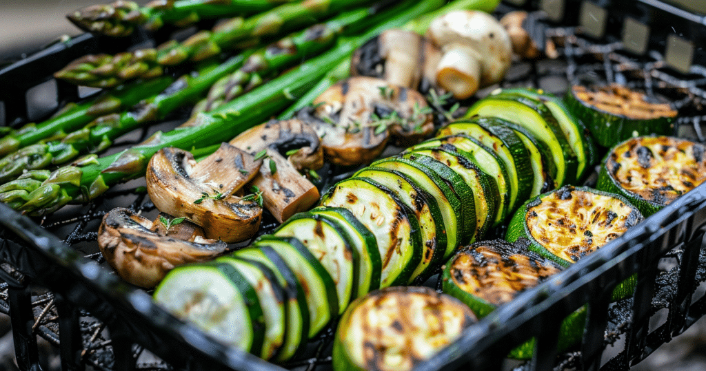 bbq vegetable basket - photo of zucchini, mushrooms and asparagus in a grilling basket