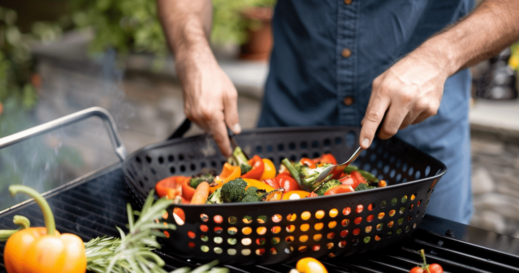 bbq vegetable baskets - photo of a man stirring vegetables in a basket on a grill