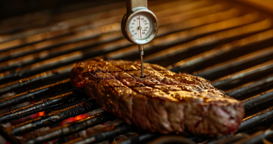how to use a meat thermometer - photo of a meat thermometer in a piece of steak on a bbq grill