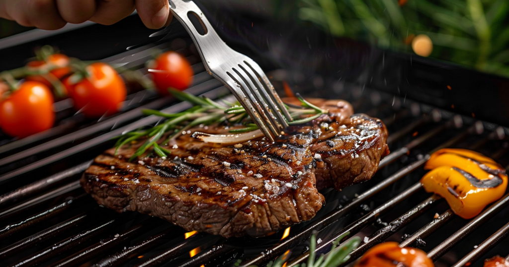 barbecue forks - photo of a steak on a grill with a little rosemary and a cooking fork in the steak