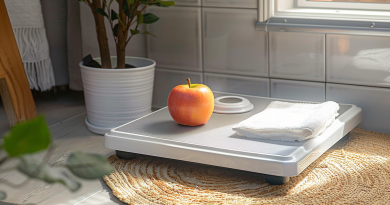 Apple Health scale - photo of an apple sitting on a floor scale in a bathroom