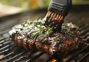 bbq sauce brush - photo of a steak on a grill with a basting brush spreading bbq sauce on it