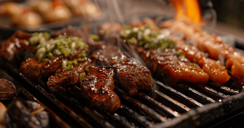 BBQ wood pellets - photo of steak and chicken being cooked on a grill