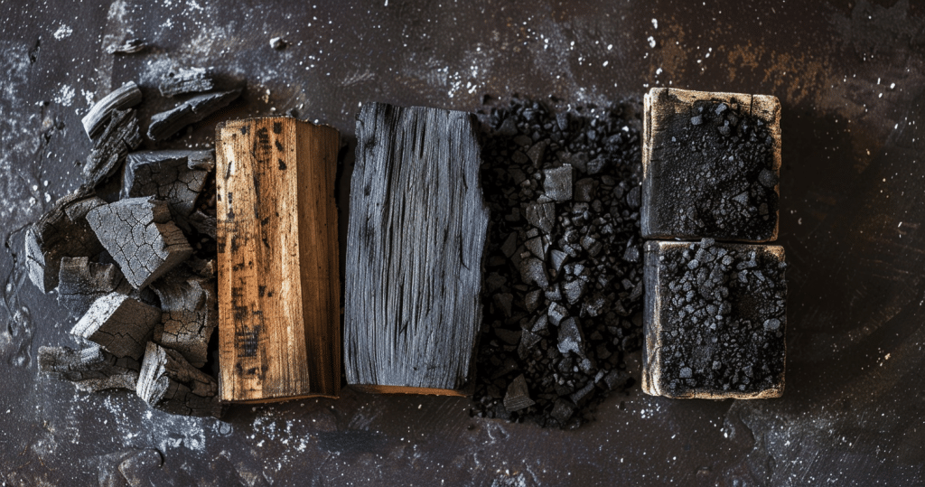 BBQ charcoal - photo of charcoal briquettes, lump charcoal, binchotan charcoal, coconut shell charcoal and hardwood charcoal