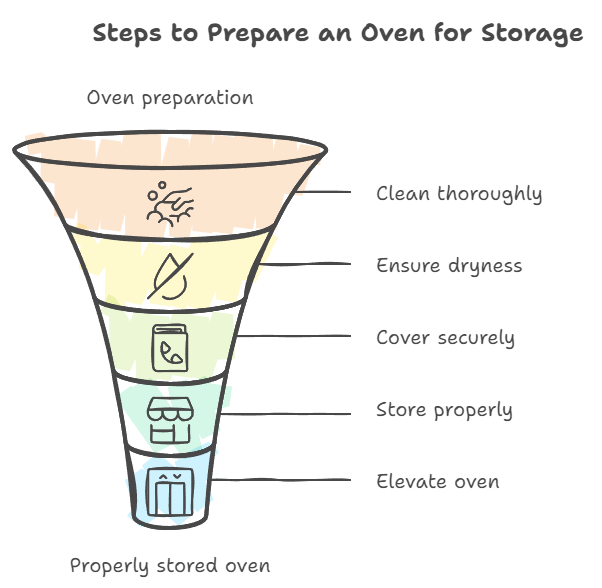 outdoor pizza oven maintenance - funnel diagram of the process to clean and store a pizza oven