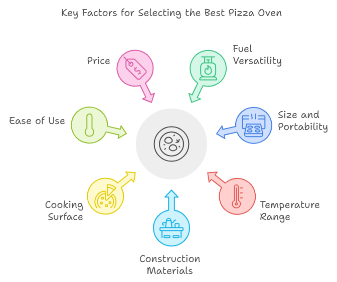 graphic showing the various factors to consider when choosing a multi fuel pizza oven