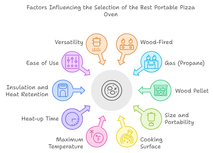 best portable pizza oven - factors in choosing your portable pizza oven shown in a circle around a drawn pizza