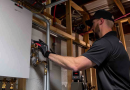 condensing vs non-condensing tankless water heater; photo of a plumber installing a tankless water heater