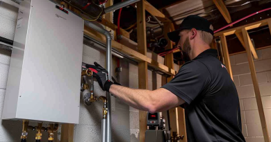 condensing vs non-condensing tankless water heater; photo of a plumber installing a tankless water heater