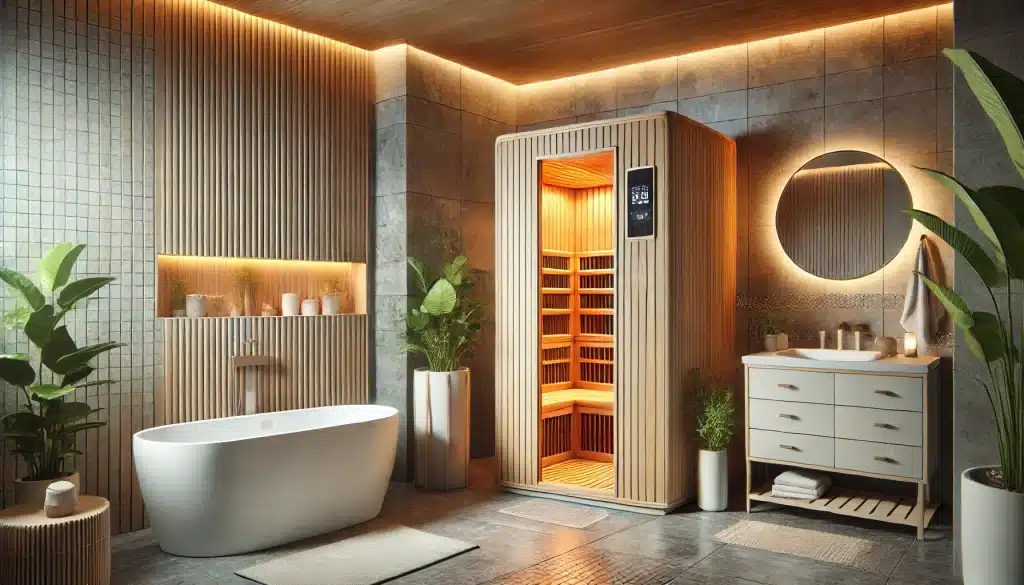 infrared sauna dangers - image of a stylish home bathroom with an infrared sauna