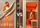 infrared blanket vs sauna - image of a woman under an infrared sauna blanket side-by-side with a woman in an infrared sauna