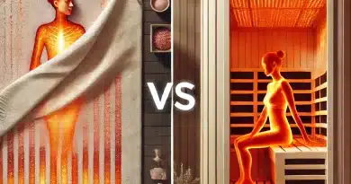 infrared blanket vs sauna - image of a woman under an infrared sauna blanket side-by-side with a woman in an infrared sauna