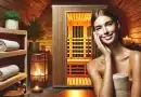 image of a woman with glowing skin next to an infrared sauna