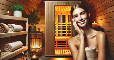 image of a woman with glowing skin next to an infrared sauna