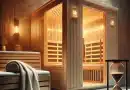 how long to stay in an infrared sauna - image of an infrared sauna with an hourglass on a table outside the sauna