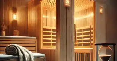 how long to stay in an infrared sauna - image of an infrared sauna with an hourglass on a table outside the sauna