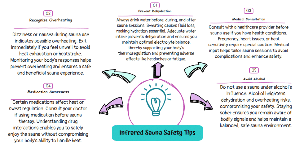 infrared sauna health benefits - graphic showing 5 infrared sauna safety tips: prevent dehydration, recognize overheating, medical consultation, medication awareness and avoid alcohol