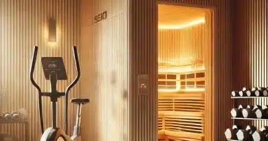 combining infrared sauna and exercise by showing an infrared sauna next to an exercise bike and a rack of weights