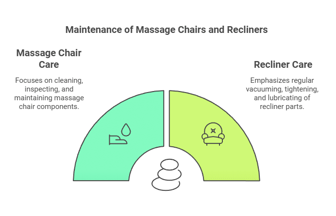 massage chairs vs recliners; graphic showing differences in care between massage chairs and recliners