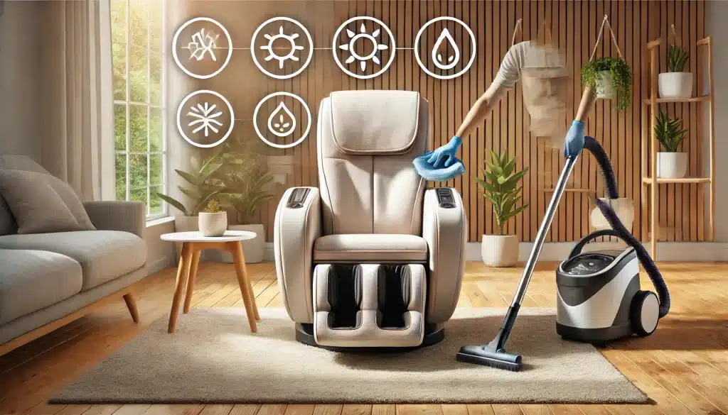 massage chair maintenance - image of a partially rendered woman cleaning a massage chair